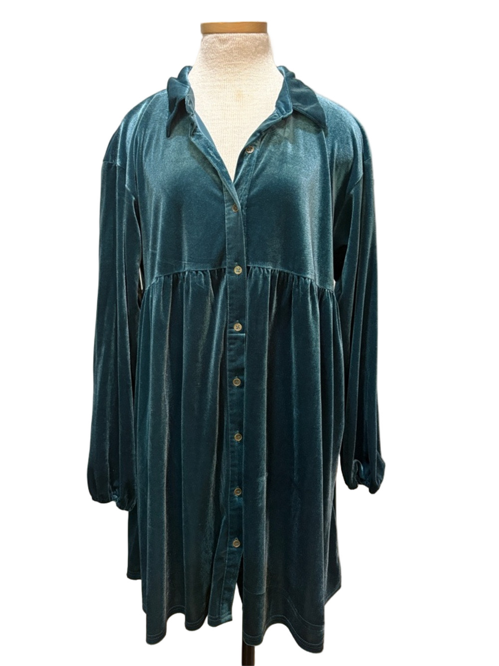 Easel sz L velour/velvet long sleeve button down blue green dress